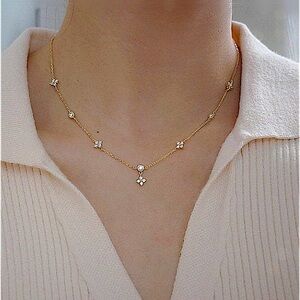 Gold Four Leaf Clover Zircon Dainty Tiny Delicate Necklace